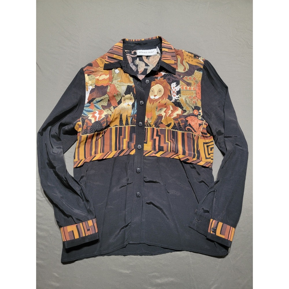 Vintage Howard Wolf Safari Lion Graphic Rayon Blouse Black Art to Wear Size 6
